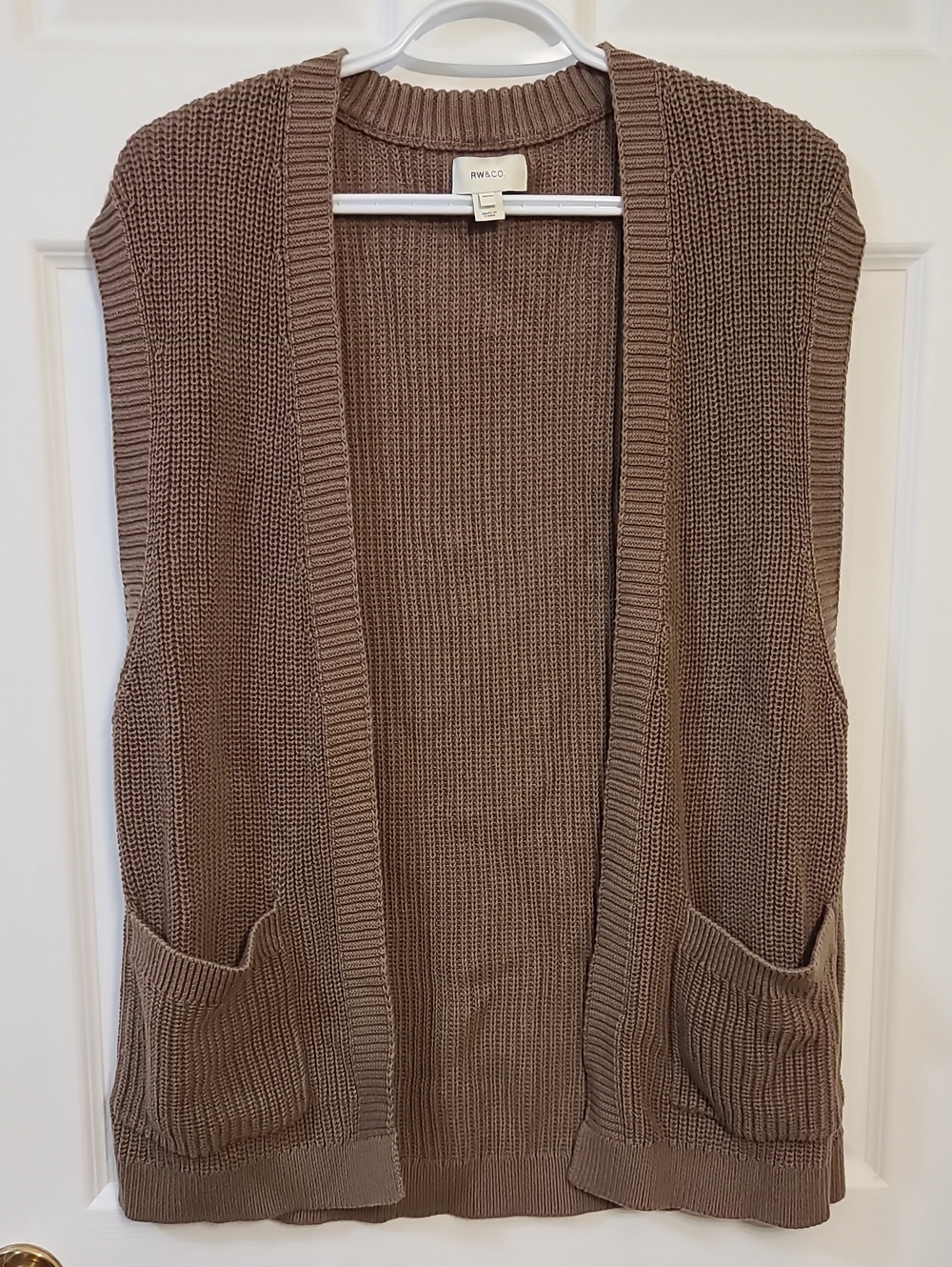RW&CO. Open Knit Sweater Vest Mid-Length Taupe Brown 100% Cotton Pockets